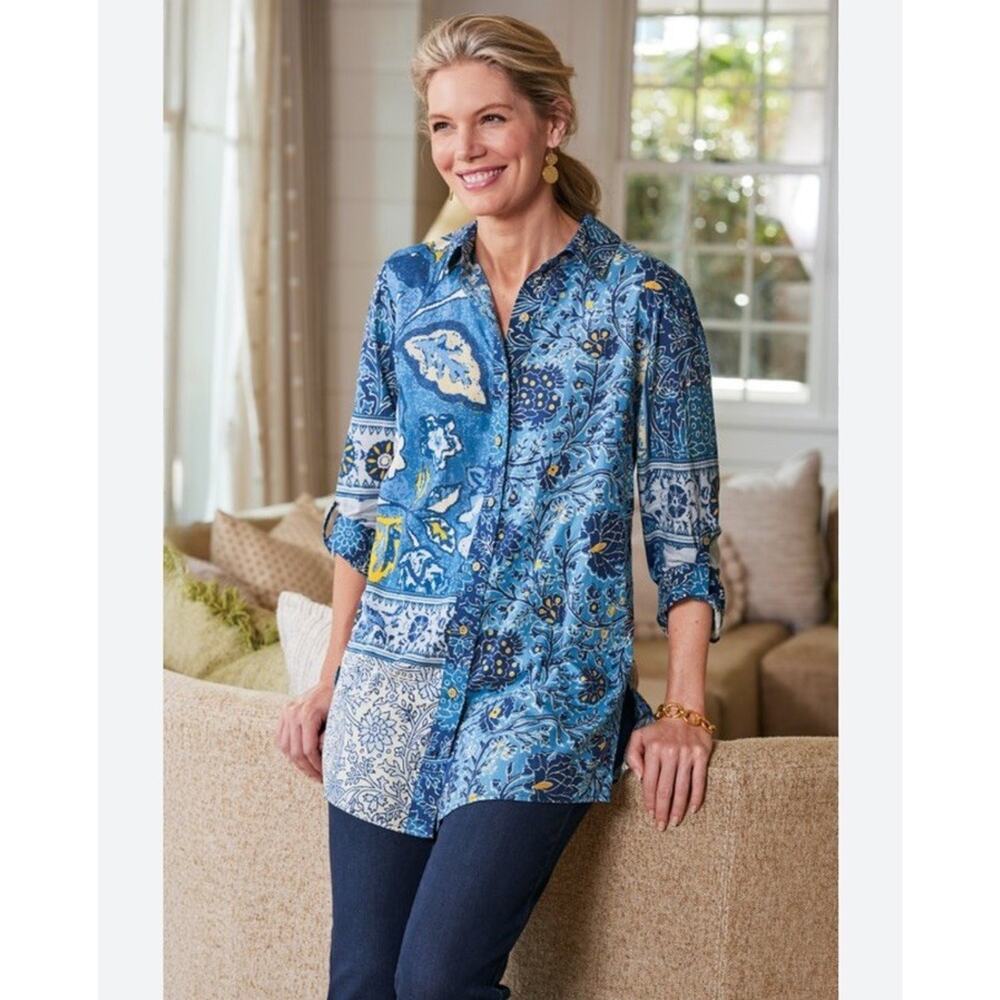 Soft Surrounding Womens Plus Size Tunic Button Down Blouse 2X Boho Patchwork